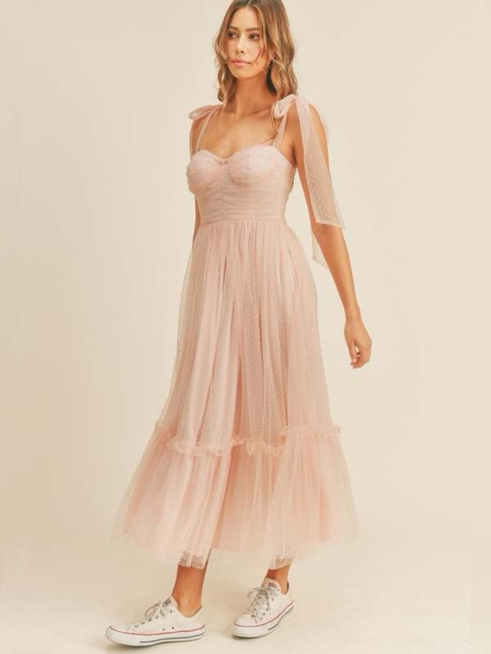 Mable Brynlee Tulle Midi Dress Tie Shoulder Romantic Cottagecore Dress